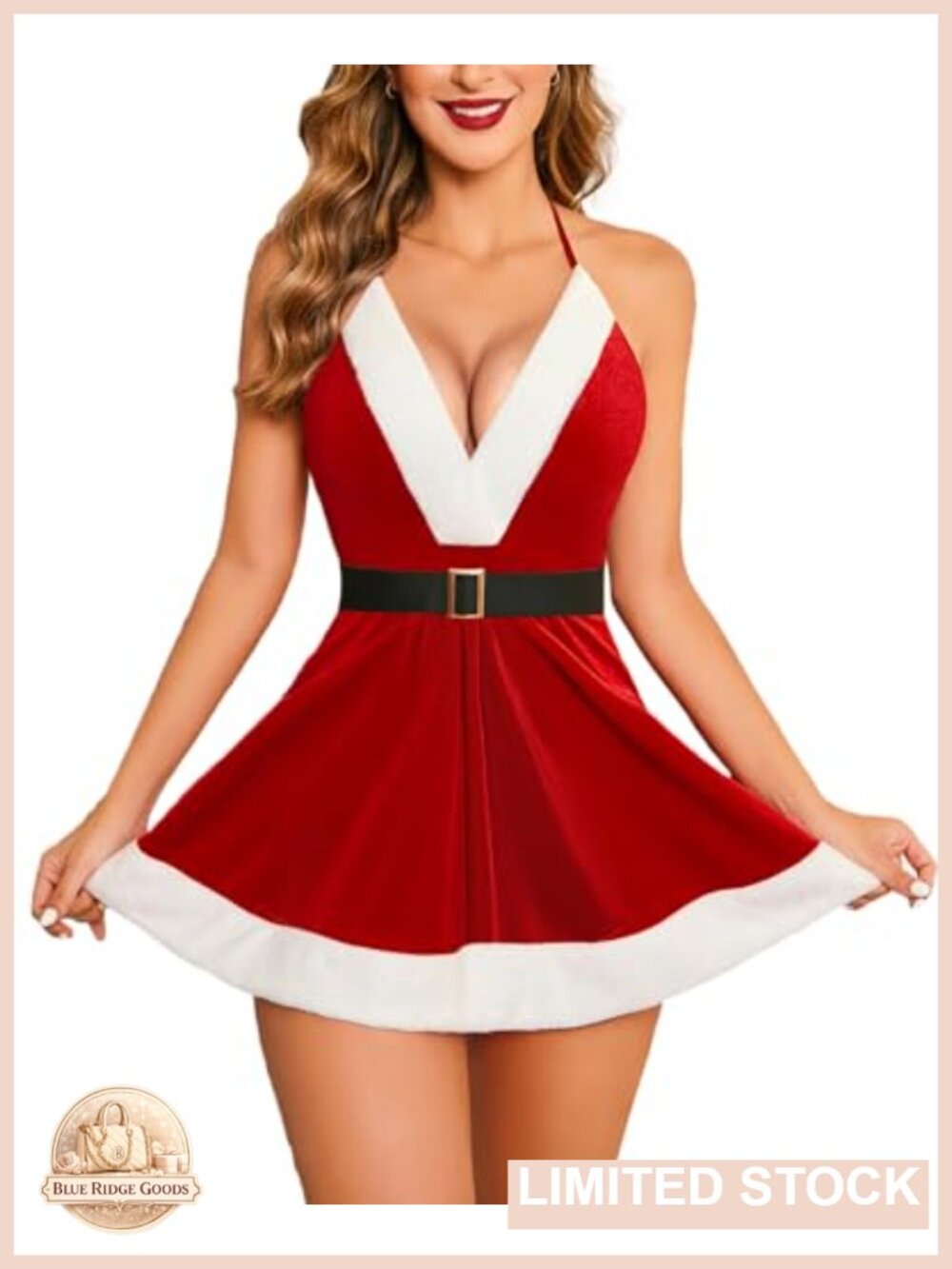 Velvet Santa Babydoll Chemise Lingerie Halter Sleepwear Holiday